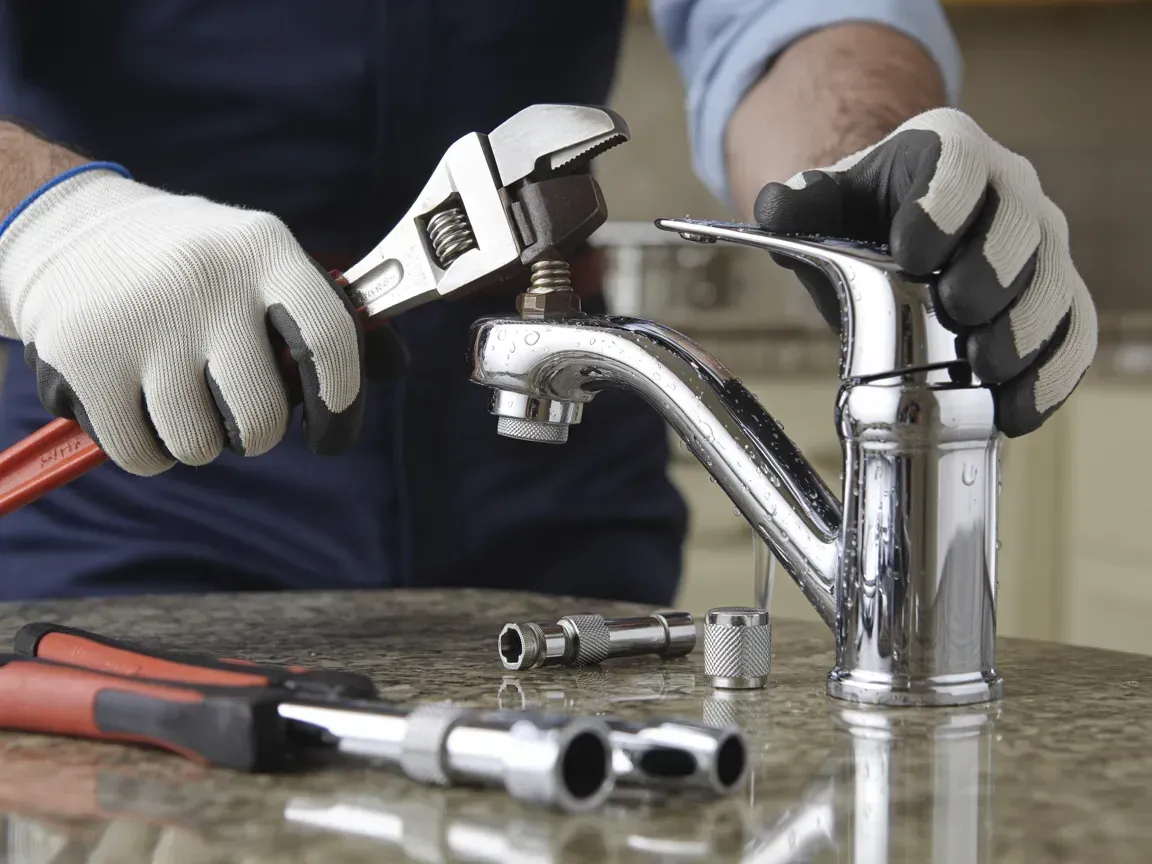 Hands using a wrench to tighten a chrome sink faucet during repair on a countertop
