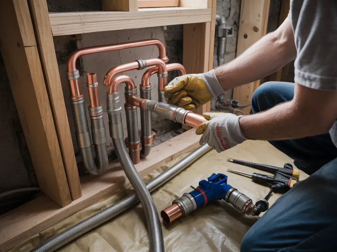 Plumber installing copper pipes under a sink, with tools and fittings on the floor.