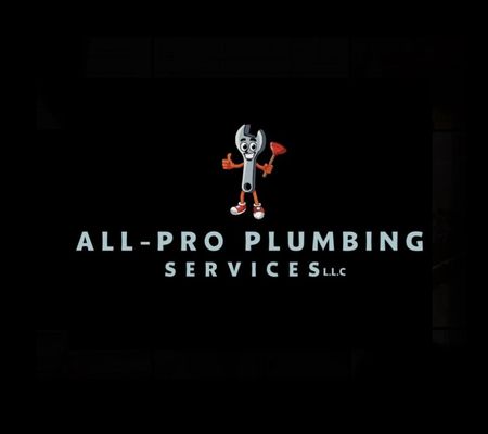 All-Pro Plumbing Services LLC logo with a cartoon skeleton plumber holding tools on a black background