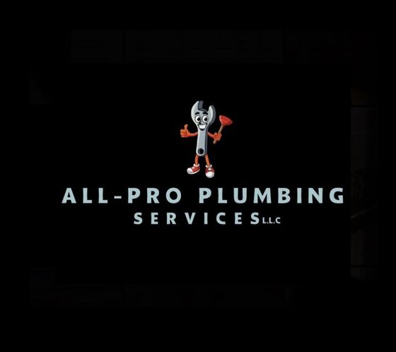 All-Pro Plumbing Services LLC logo with a cartoon skeleton plumber holding tools on a black background