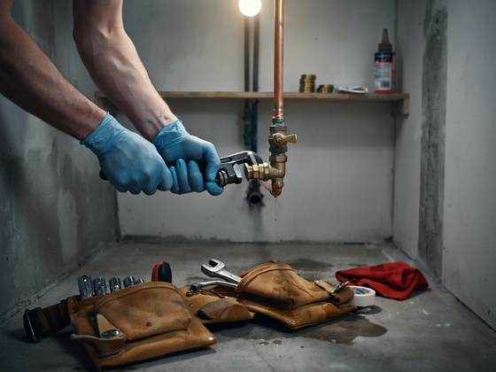 Gloved hands repairing a pipe under a sink, with tools and a toolbox on the floor