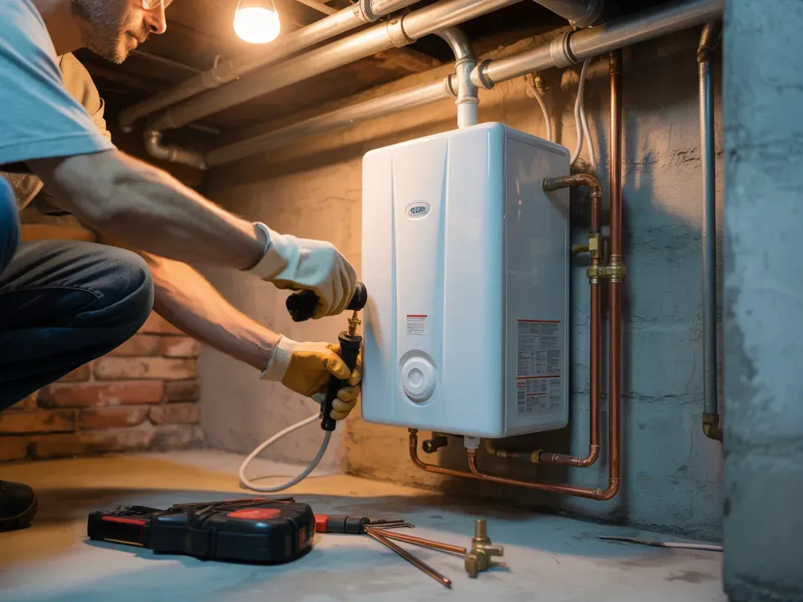 Technician using a drill to install a wall-mounted boiler in a basement utility room