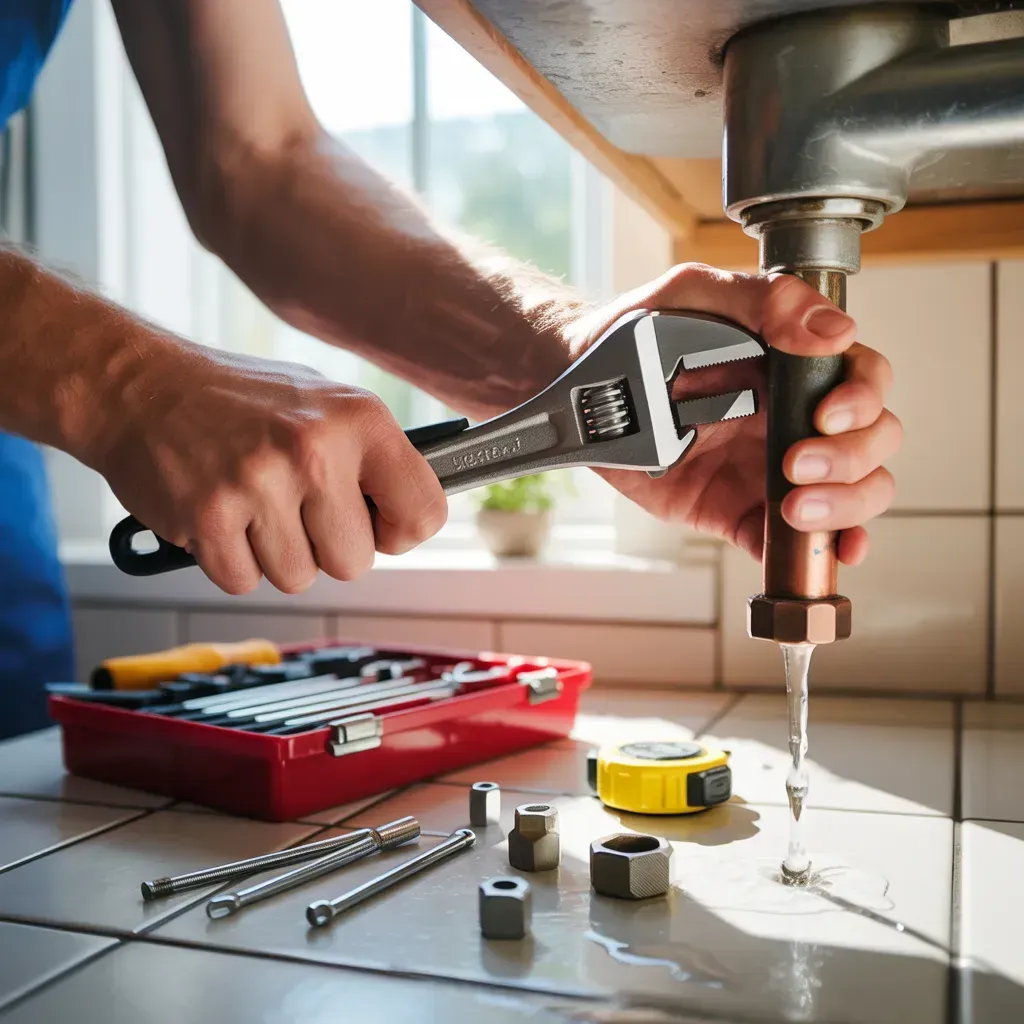 Hands tightening a pipe fitting with a wrench beside a red toolbox on a tiled floor