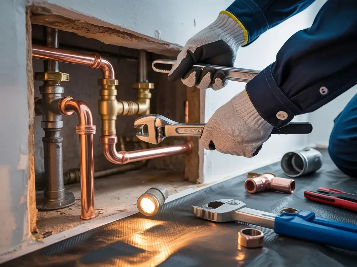 Plumber repairing copper pipes under a sink with tools and a flashlight