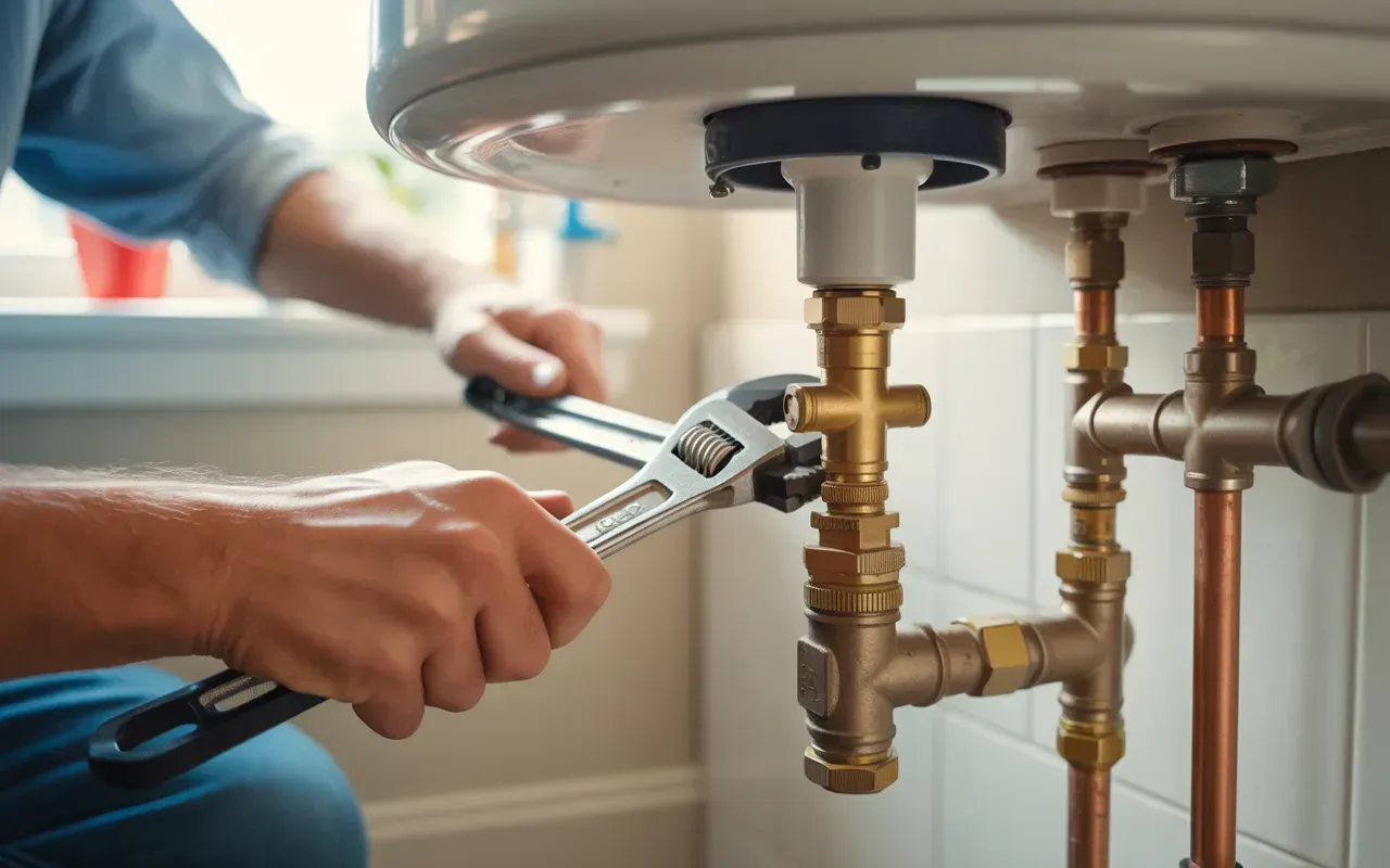 Hands using an adjustable wrench to repair brass plumbing under a sink