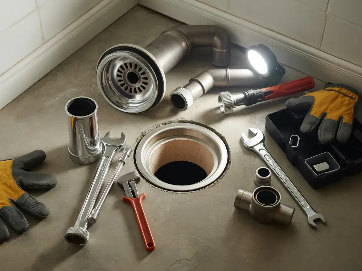 Plumbing tools and fixtures arranged around a sink drain opening in a tiled bathroom floor