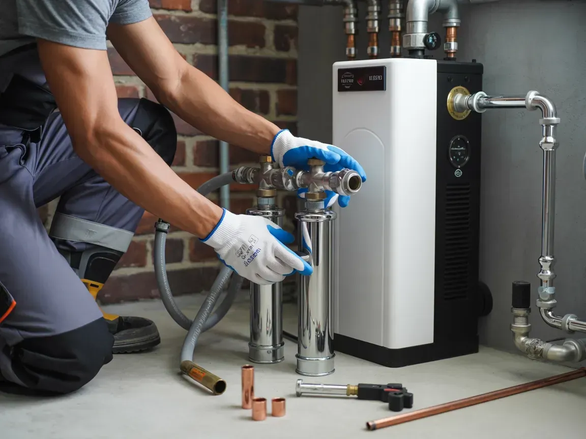 Plumber installing pipes and fittings beside a white boiler in a basement utility room