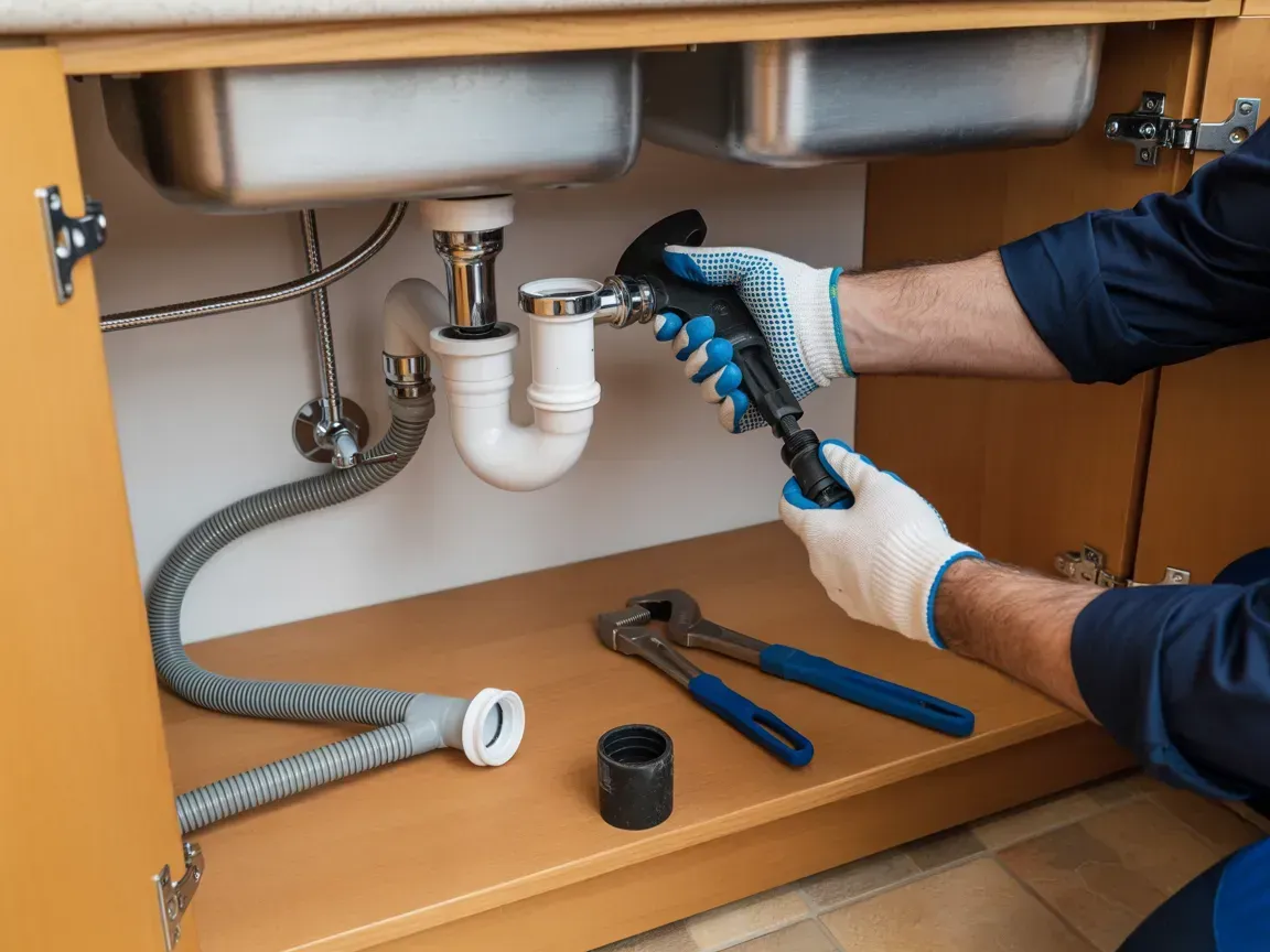 Technician fixing under-sink plumbing with wrench; tools on cabinet floor.