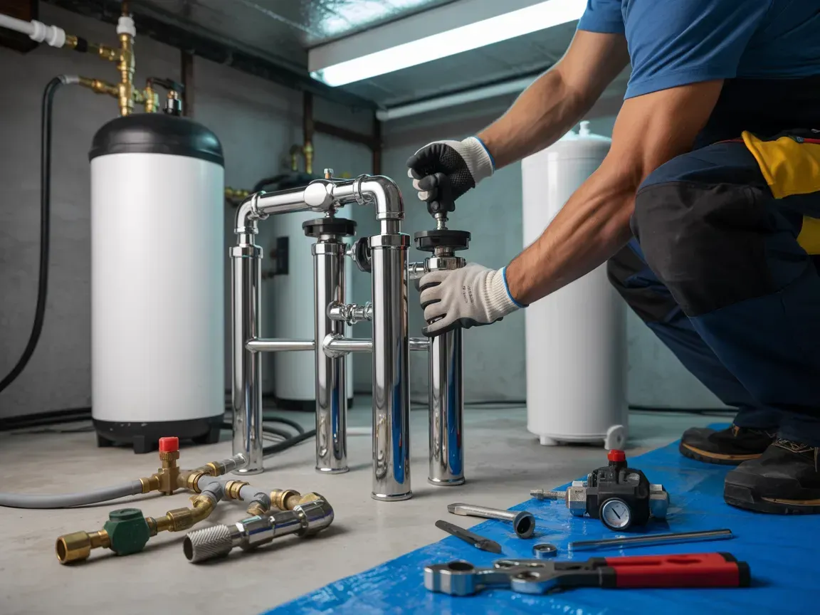 Plumber tightening pipes under a sink with tools on the floor in a utility room