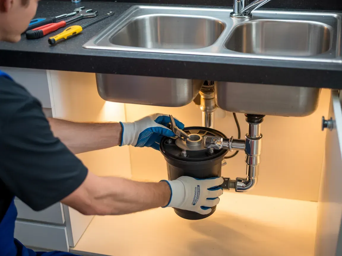 Worker repairing plumbing under a stainless-steel sink, wearing gloves and using a wrench