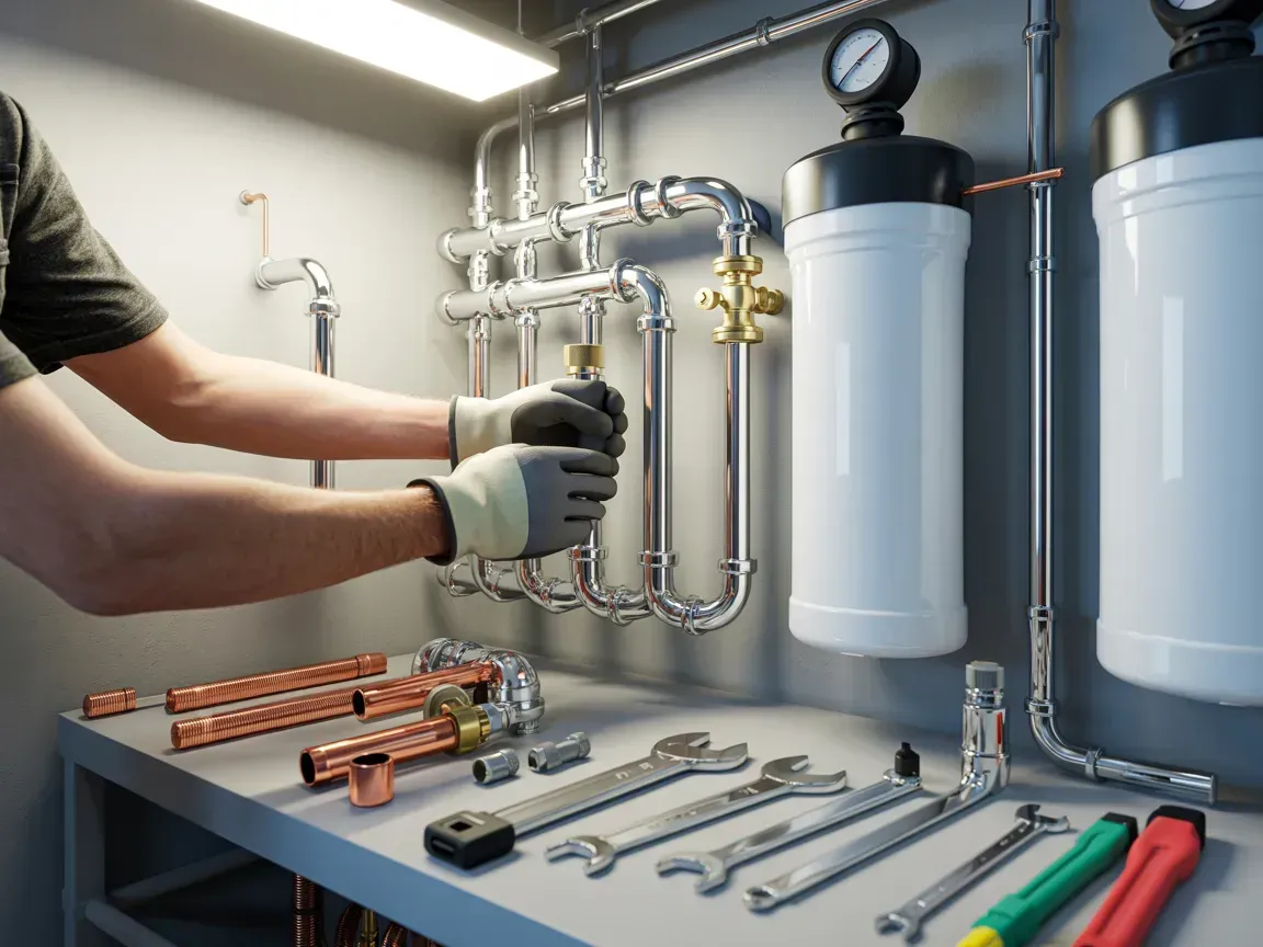 Technician working on plumbing pipes and water filters with tools laid out on a workbench