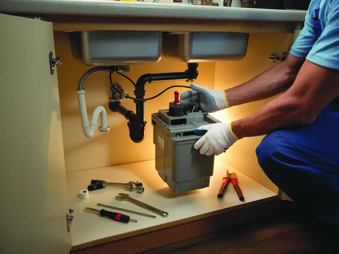 Person replacing a sink drain under a cabinet, with tools and exposed plumbing visible.