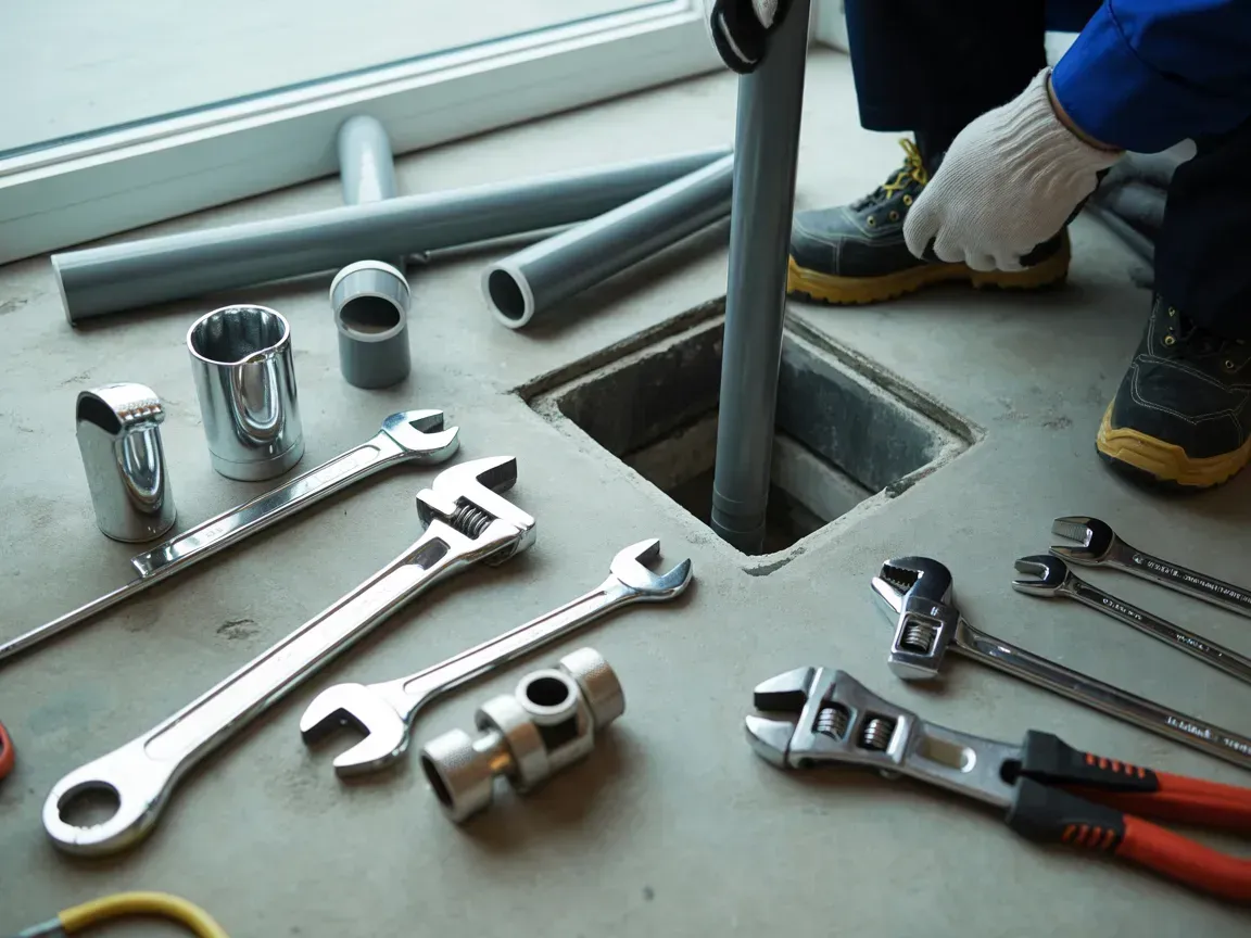 Tools and gloved hands working around a floor opening during repairs