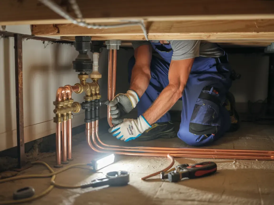 Plumber installing copper pipes under a sink, kneeling on the floor with tools nearby.