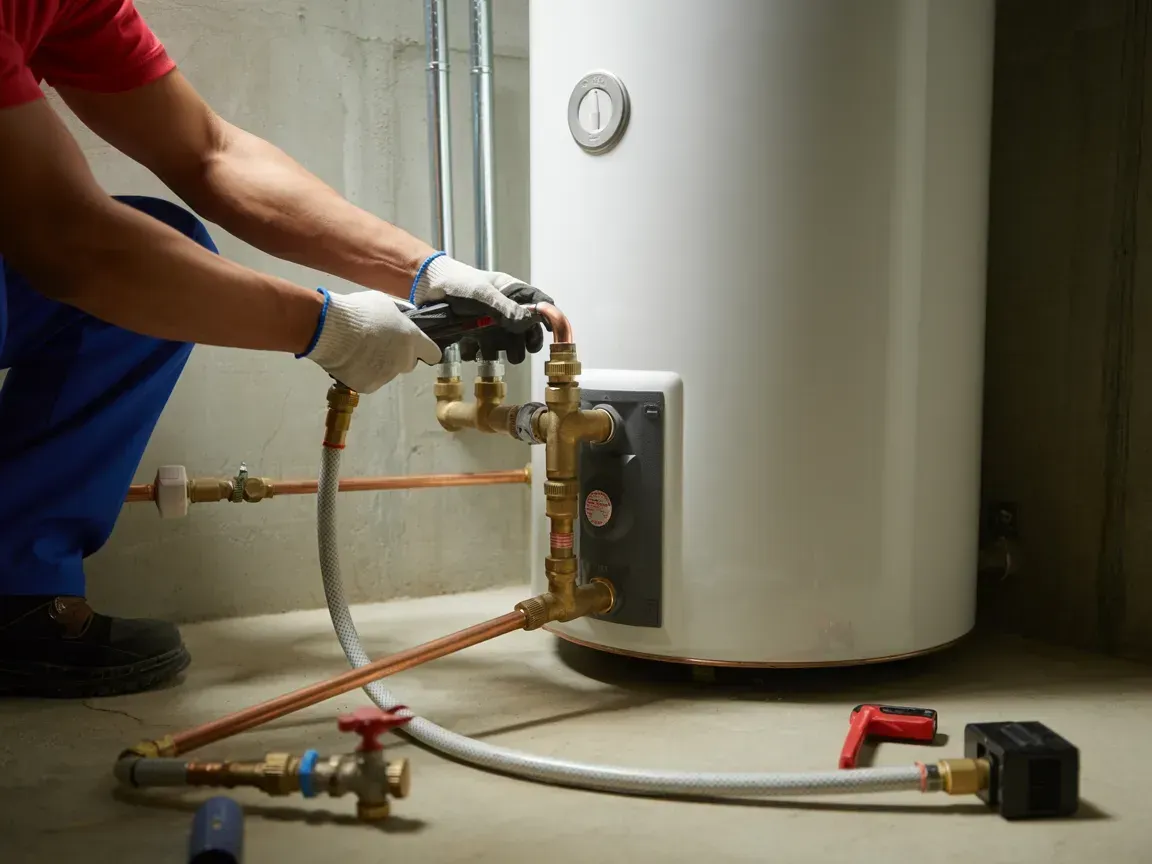 Technician connecting hoses to a water heater for maintenance, with tools on the floor.