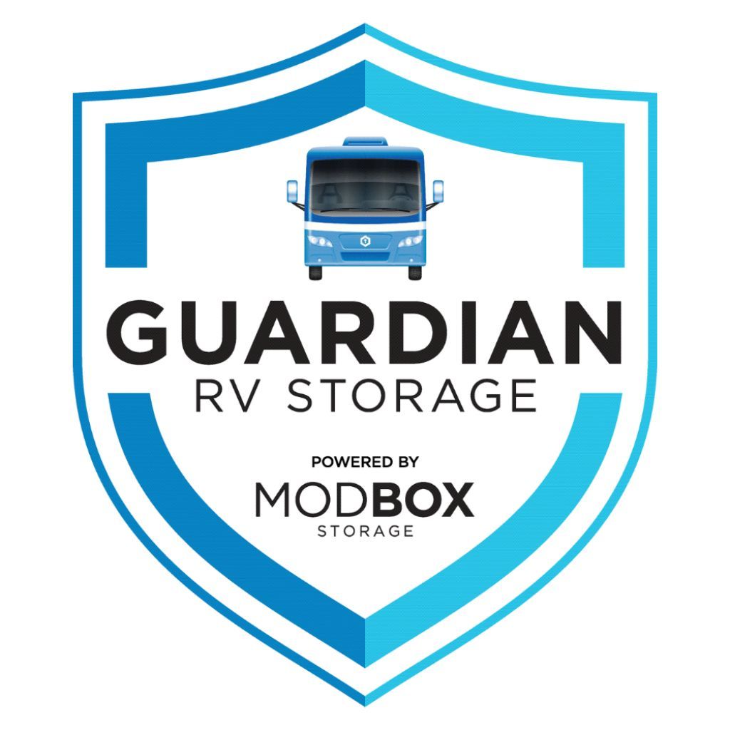 Logo for Guardian RV Storage, featuring a blue shield icon, a front-facing RV graphic, and