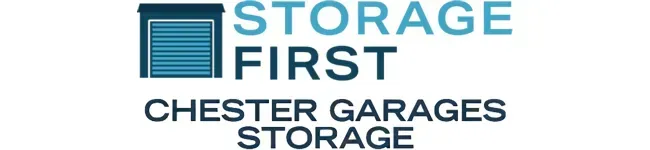 Logo for Storage First featuring a stylized blue garage icon with the words