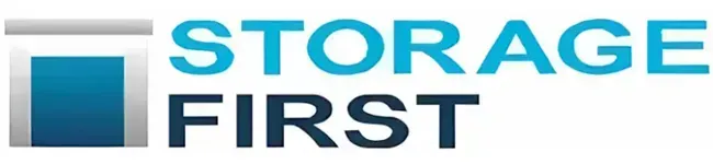 Storage First logo featuring a stylized blue storage unit door next to the text