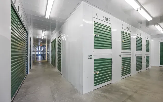 Indoor storage facility with green doors