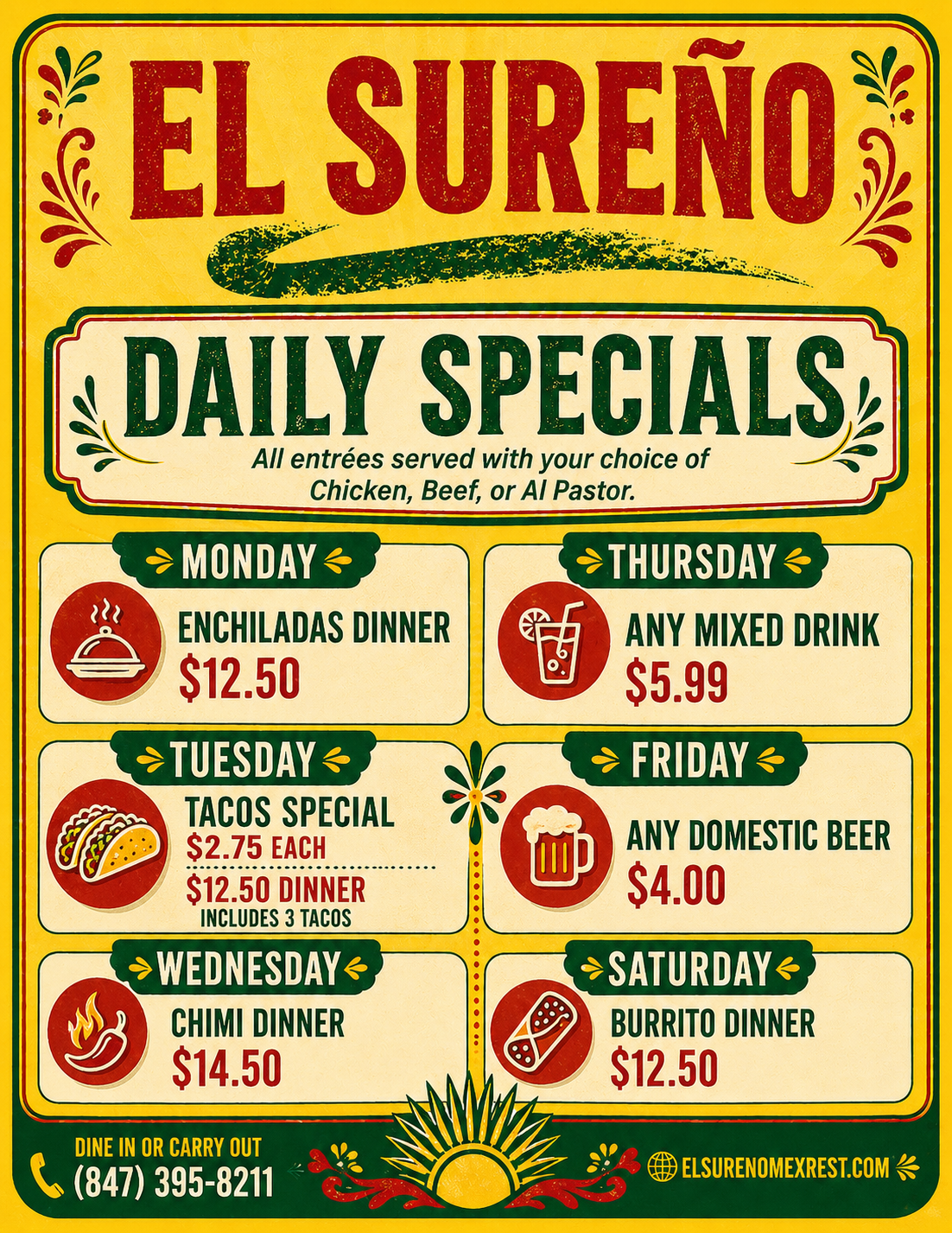 El Sureno weekly specials menu