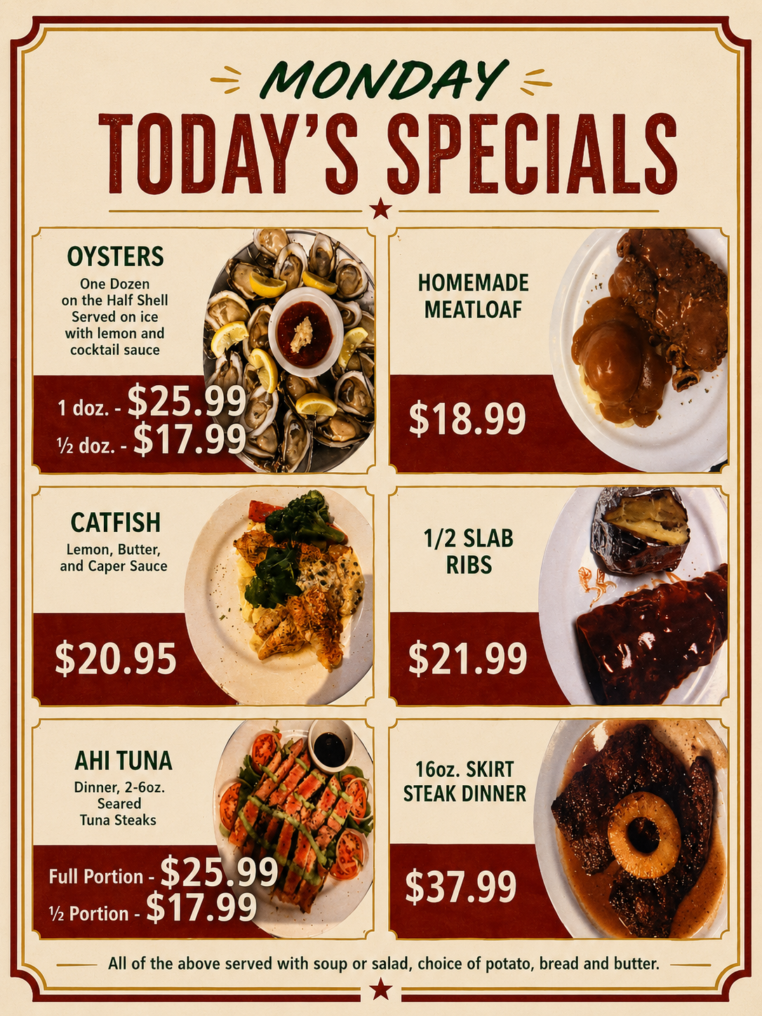 Monday specials menu