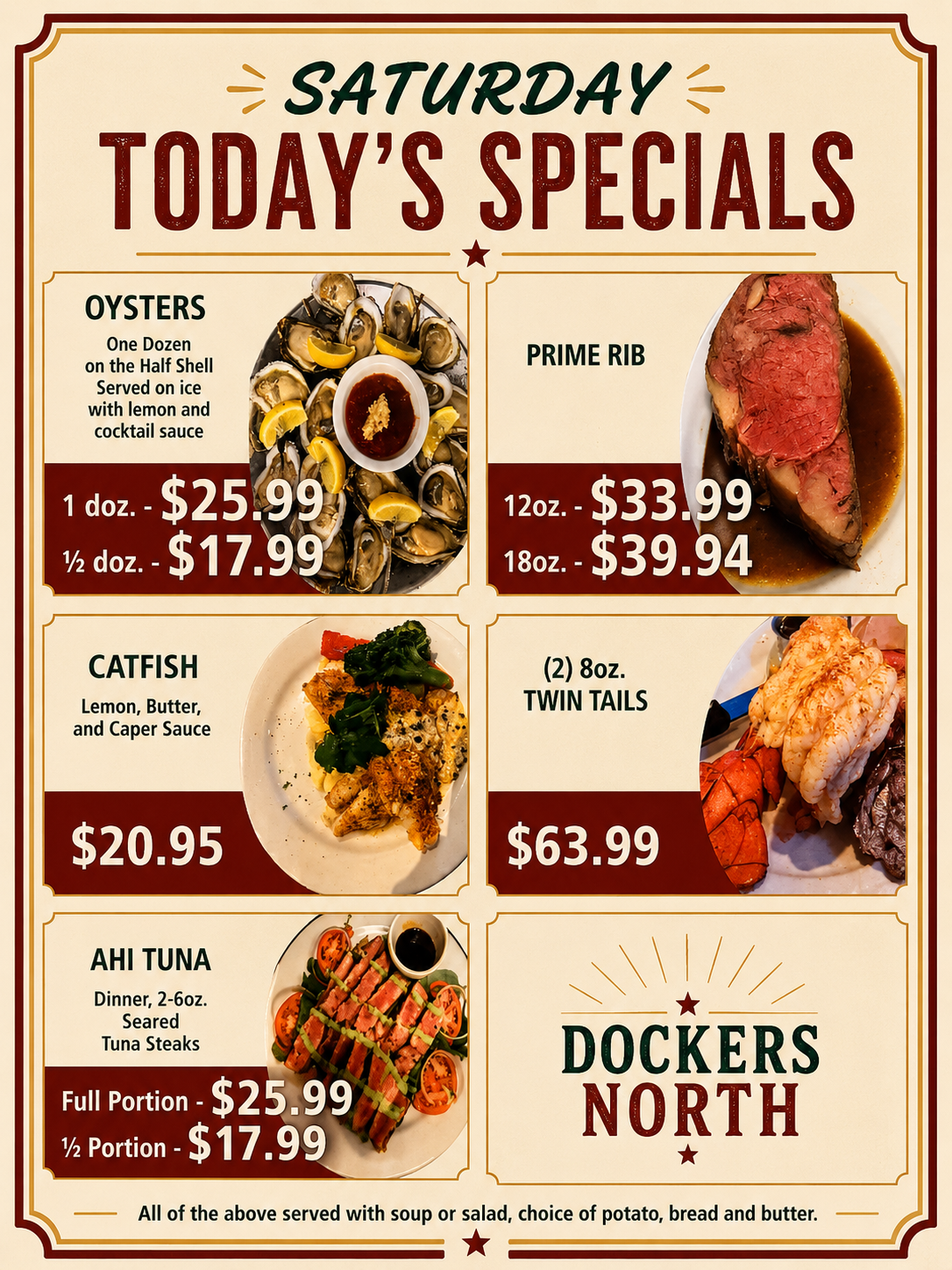 Saturday specials menu