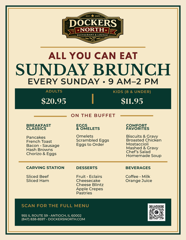 Dockers North Sunday Brunch printed menu with buffet selections and a menu QR code