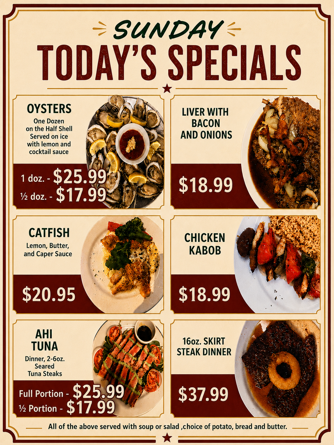 Sunday specials menu