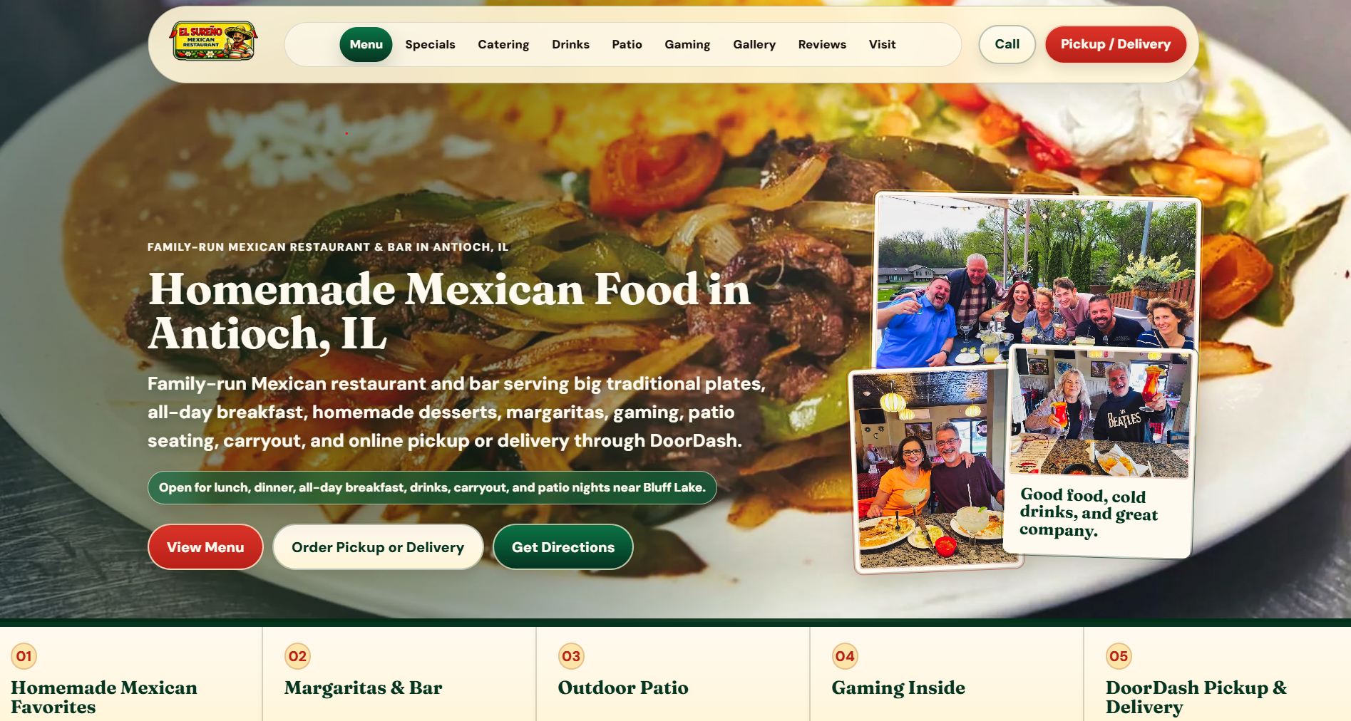 El Sureño restaurant website featuring Mexican food, menu and ordering.