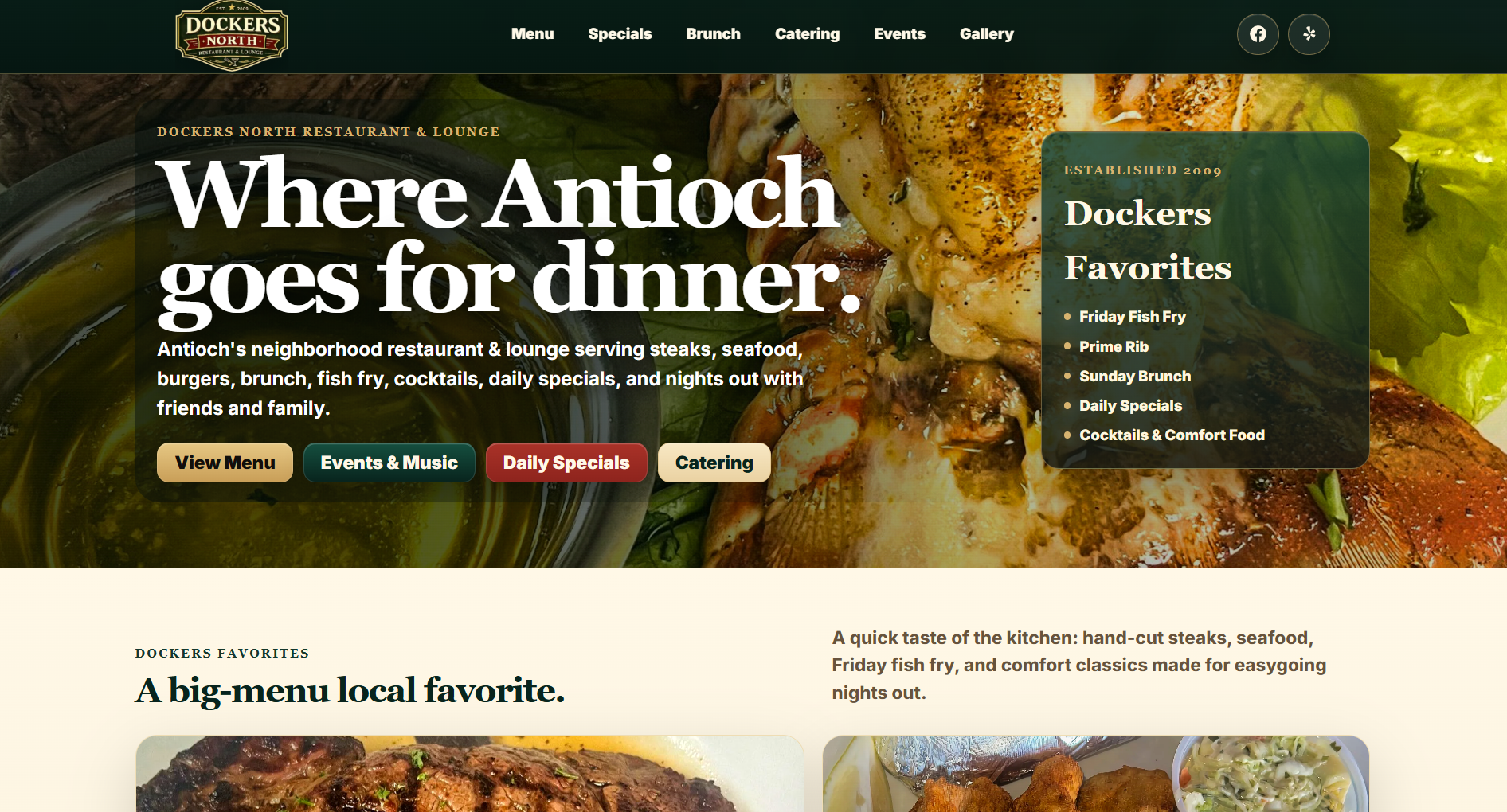 Dockers North website showing restaurant information, food and menu navigation.