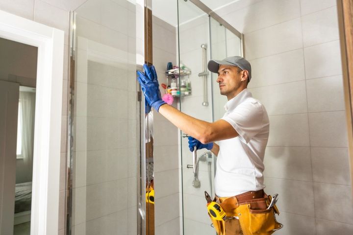 Man cleaning a glass shower door with blue gloves in a bathroom.