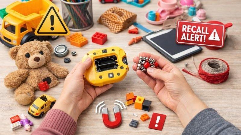 Hands inspecting toy parts amid recall alert signs and warning icons on a tabletop