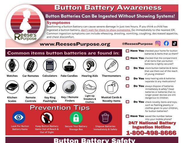 Infographic about button battery safety with warning signs, common items, prevention tips, and emergency advice
