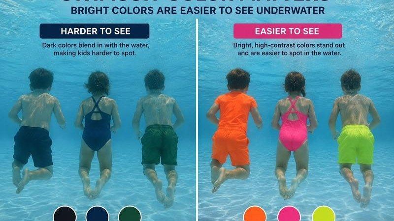 Color contrast comparison showing swimmers in dark blue water: hard to see on left, easier to see on right.