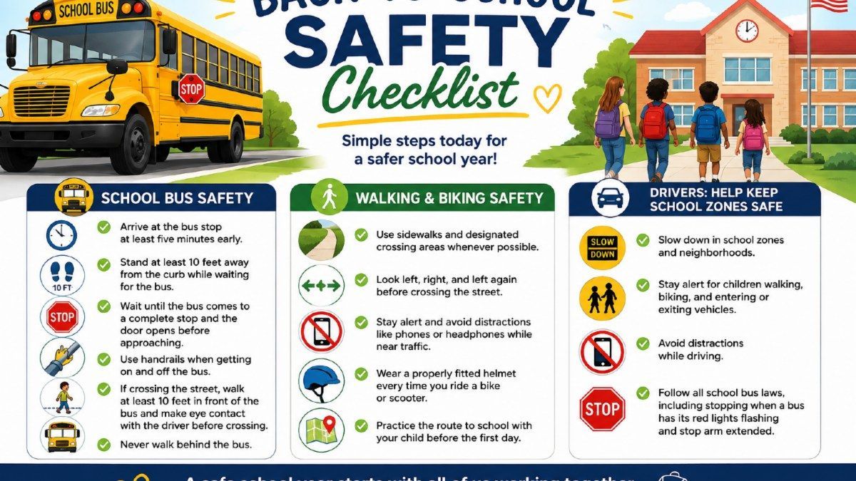 School bus safety checklist poster with bus, children, and road safety icons on a bright yellow background