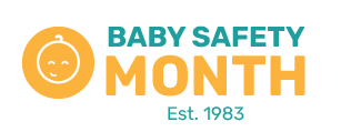Baby Safety Month logo in teal and orange with a smiling baby icon and “Est. 1983” text