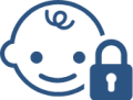 Blue line-drawn child face with a small lock icon, suggesting privacy or account security