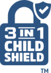 Blue “3 in 1 Child Shield” icon with a padlock and shield checkmark