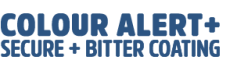 Blue text reading “COLOUR ALERT+ SECURE + BITTER COATING” on a white background