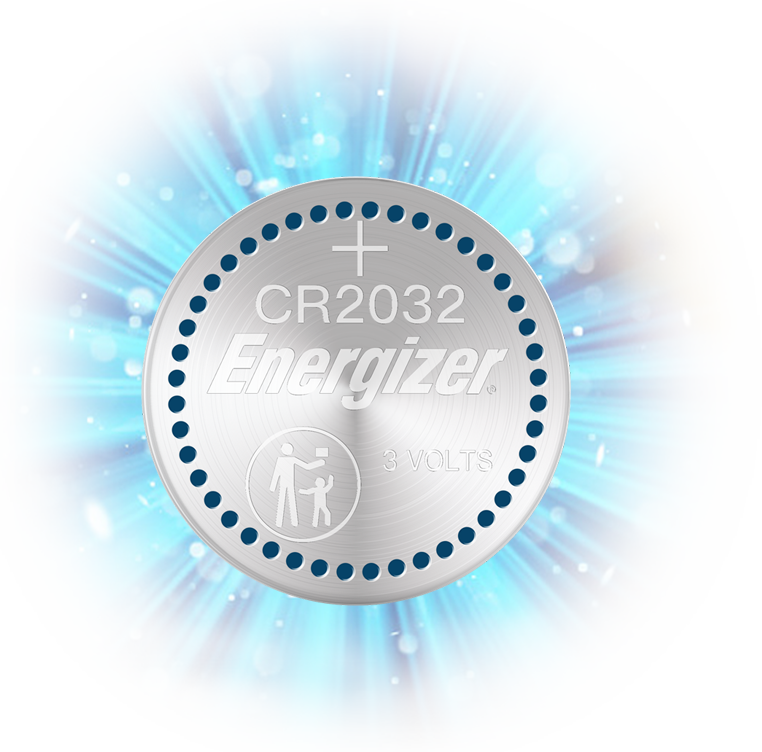 Energizer CR2032 button battery with blue glowing burst background