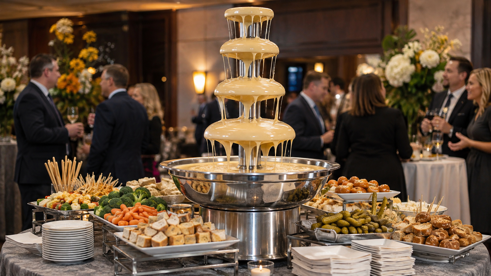 Savory appetizer fountain centerpiece at an elegant Pittsburgh event buffet
