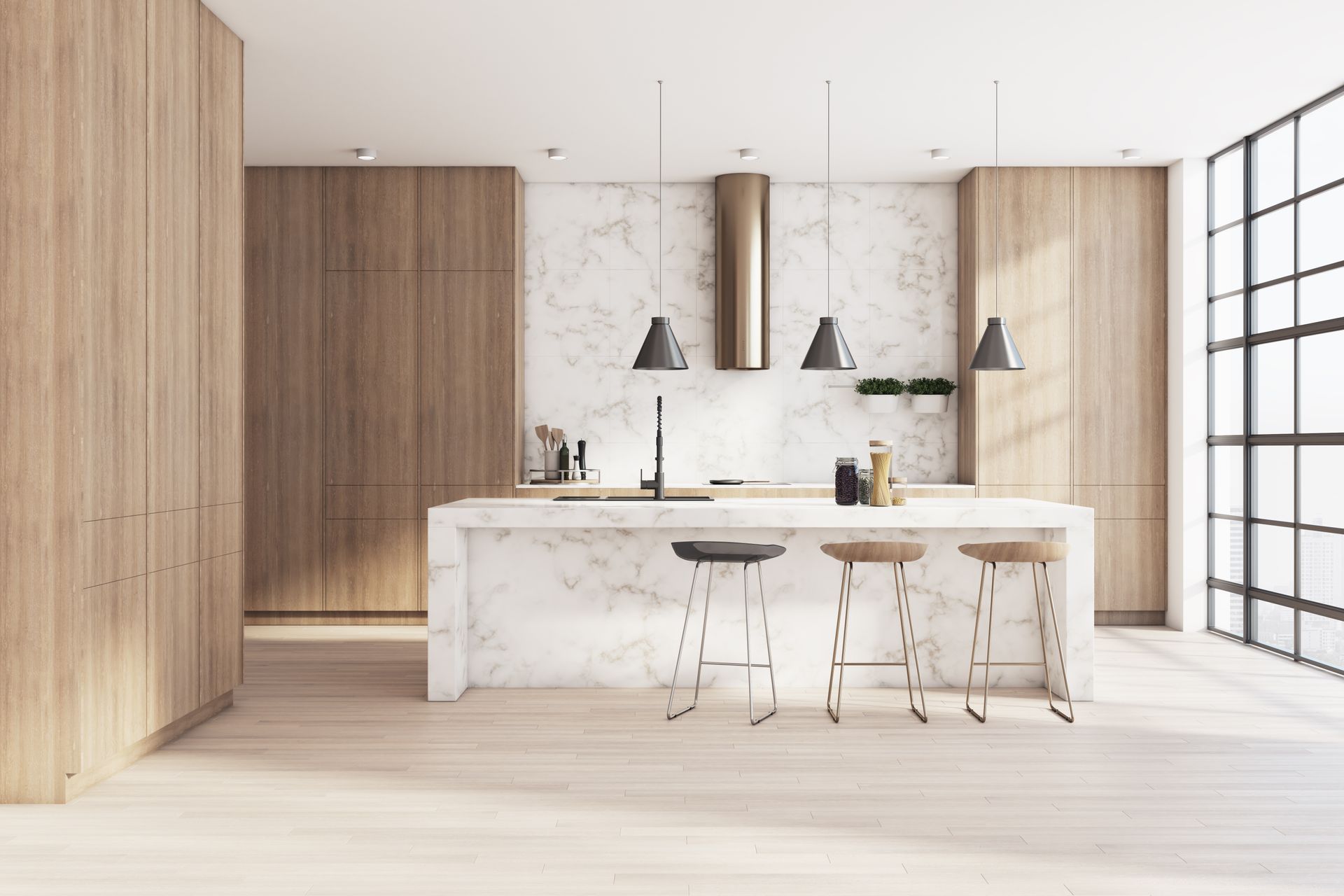 Modern kitchen with wooden cabinets, marble island with stools, and large windows.