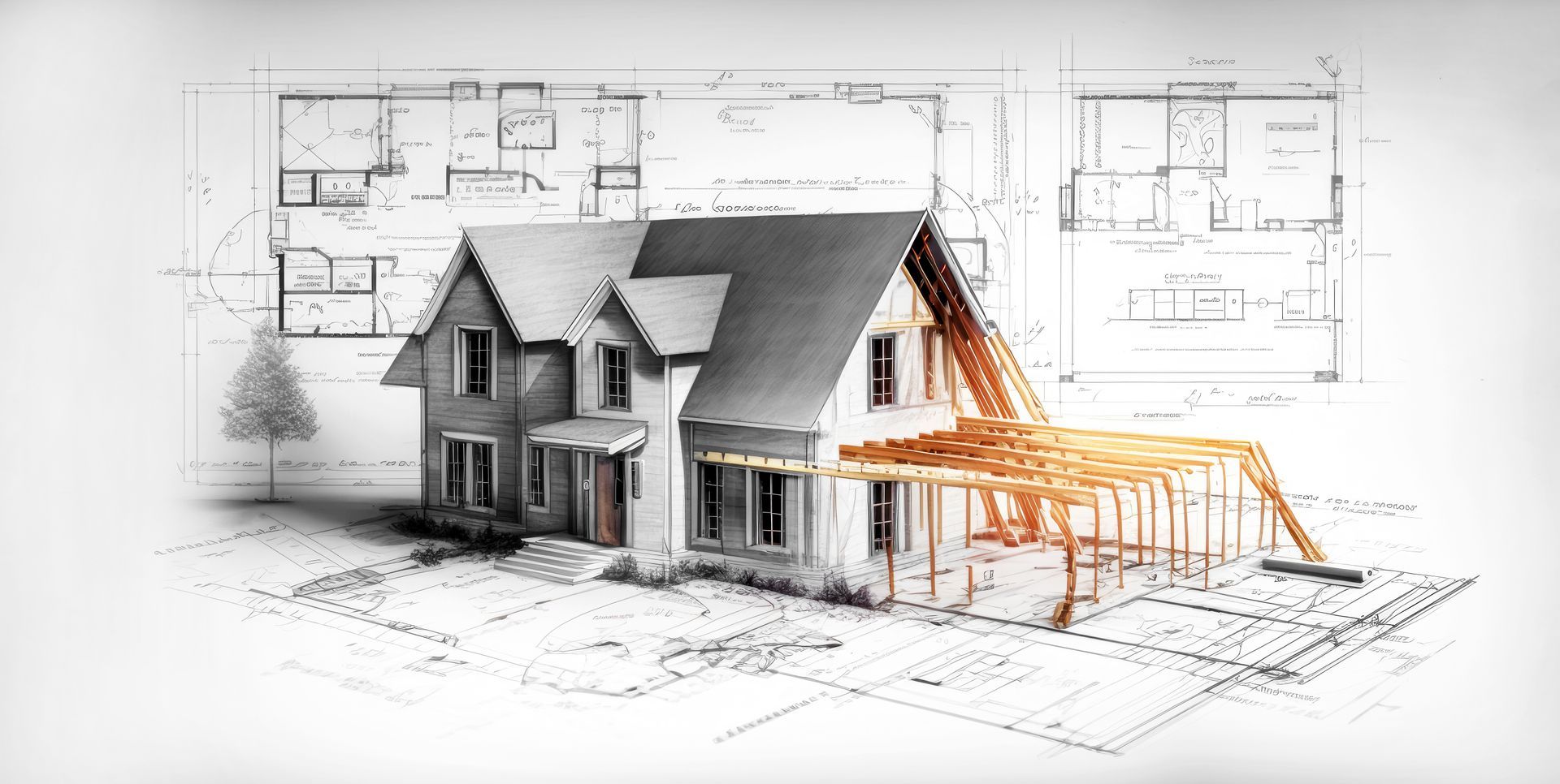 A house under construction is depicted on top of architectural blueprints.