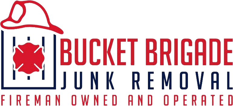 Bucket Brigade Junk Removal logo with red hard hat and text; fireman owned and operated