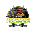 Logo for JLDV Trucking Excavation featuring construction equipment and American flag.