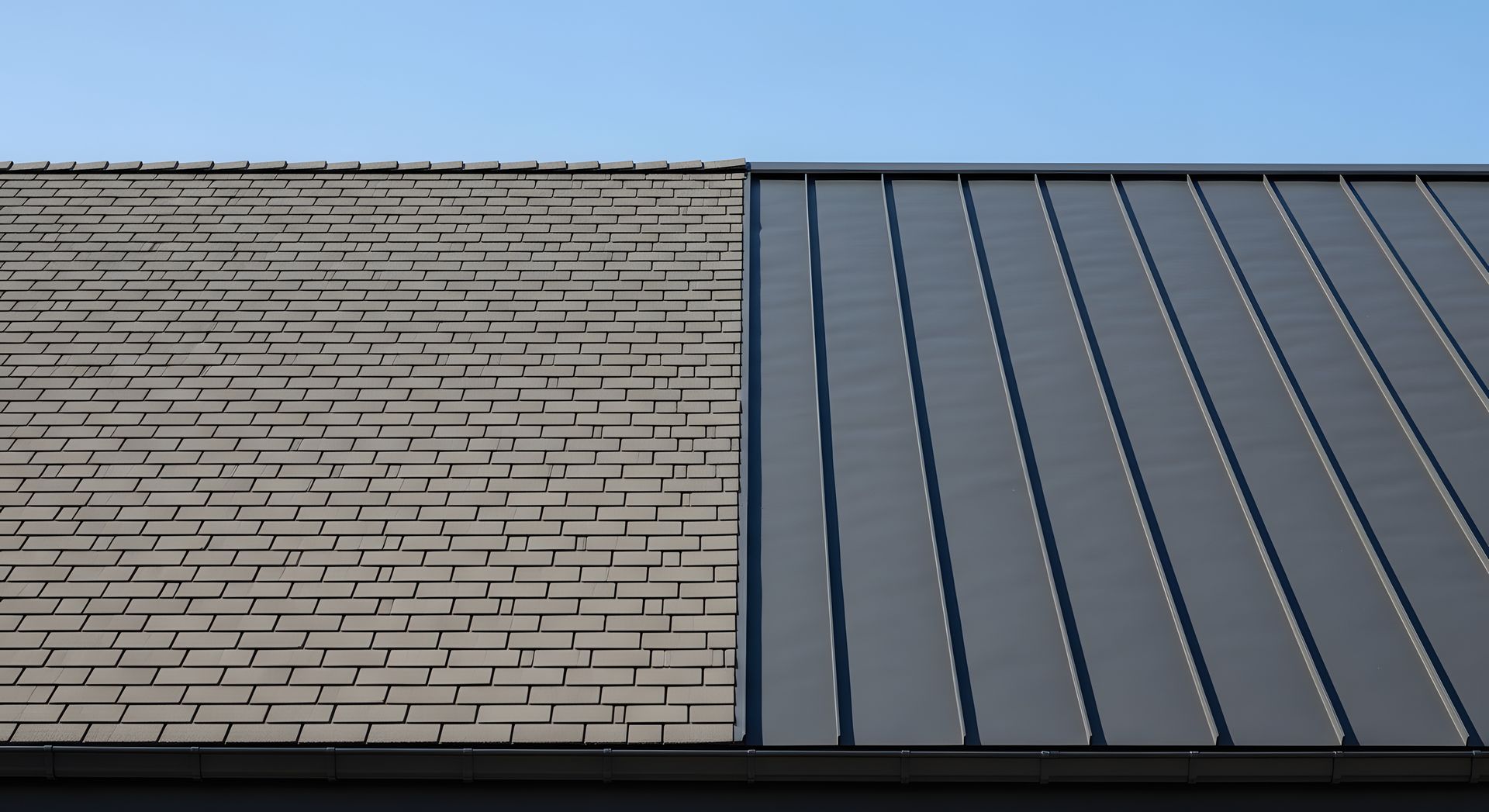 Comparison of asphalt shingles and standing seam metal roofing installed on the same roof.