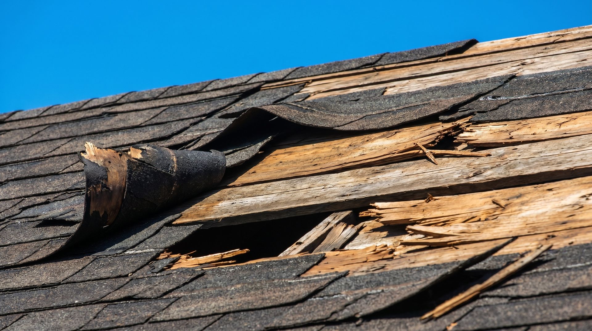 Damaged shingles and exposed rotting roof decking on a home in need of roof repair