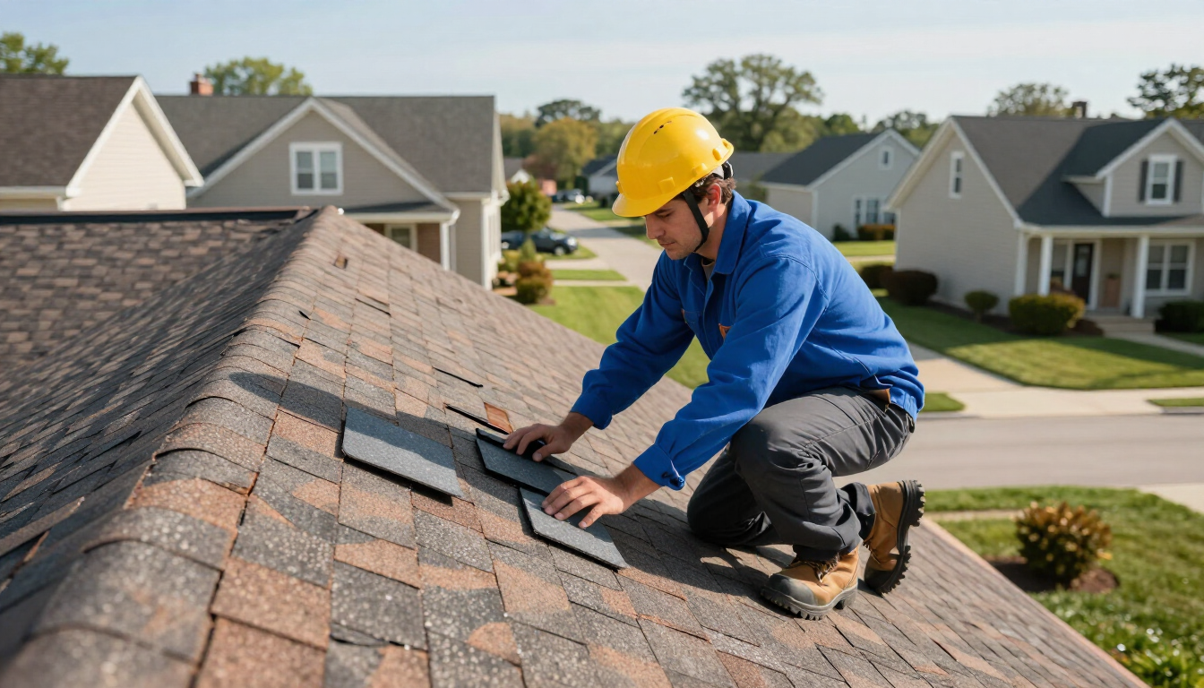 A professional roofing contractor inspecting a shingle roof for minor damage in Springfield Missouri.