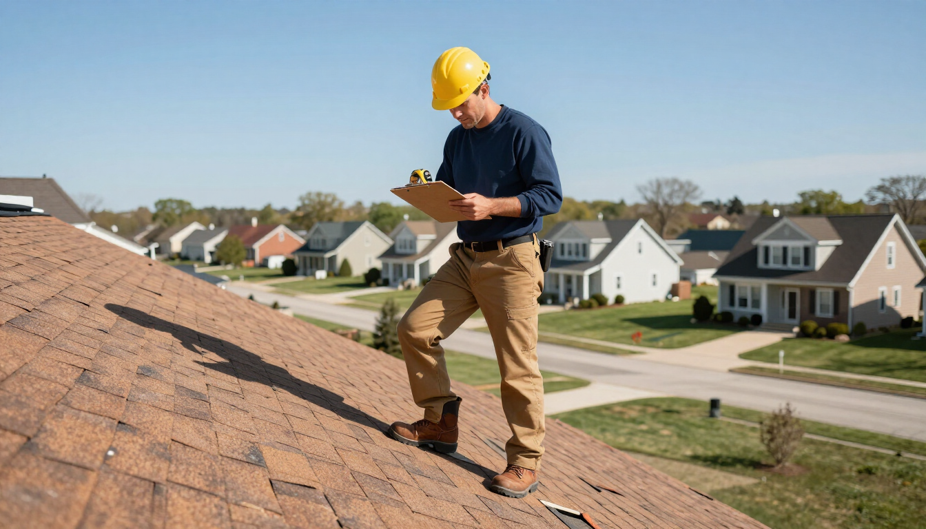 Professional roofer inspecting roof
