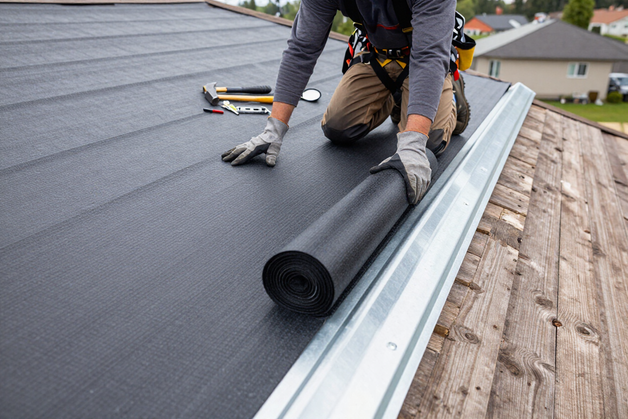 Roofer installing underlayment and drip edge